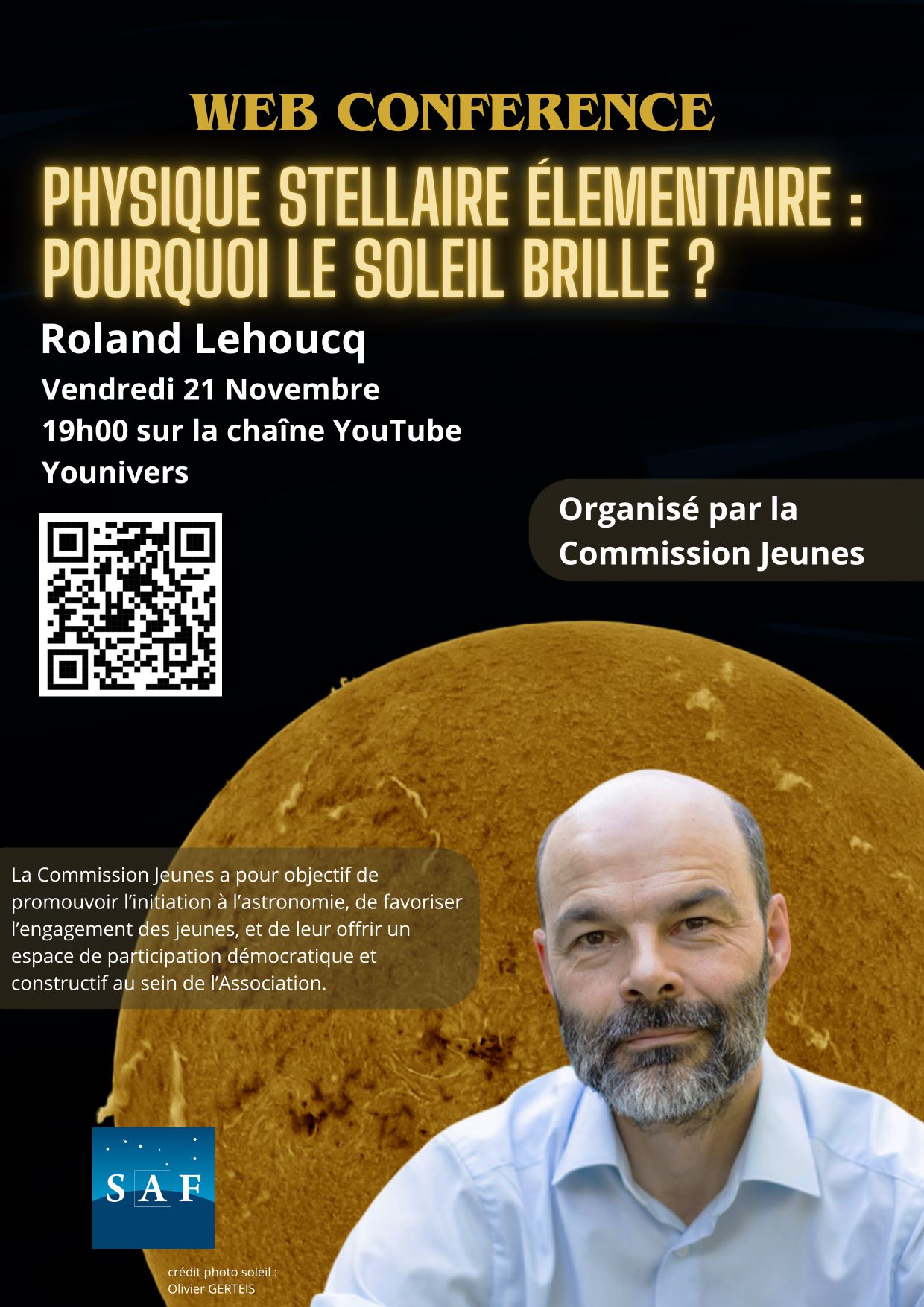 Affiche webconférence Physique stellaire élémentaire : Pourquoi le Soleil brille ?